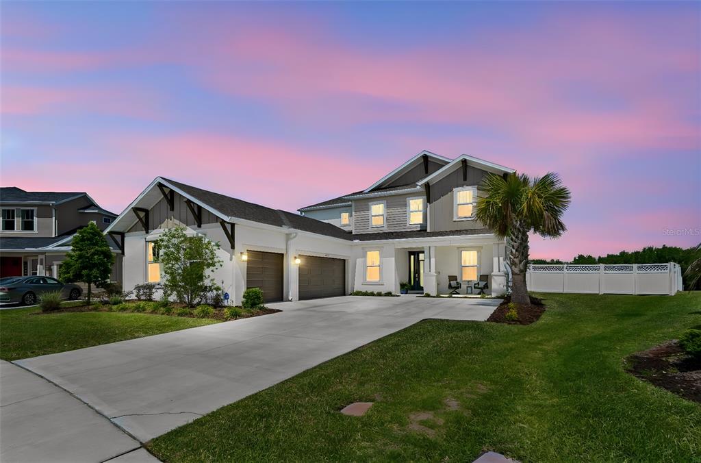 A two-story suburban house with a concrete driveway, attached garage, and a palm tree — 6870 TALAMORE DRIVE, WESLEY CHAPEL, FL