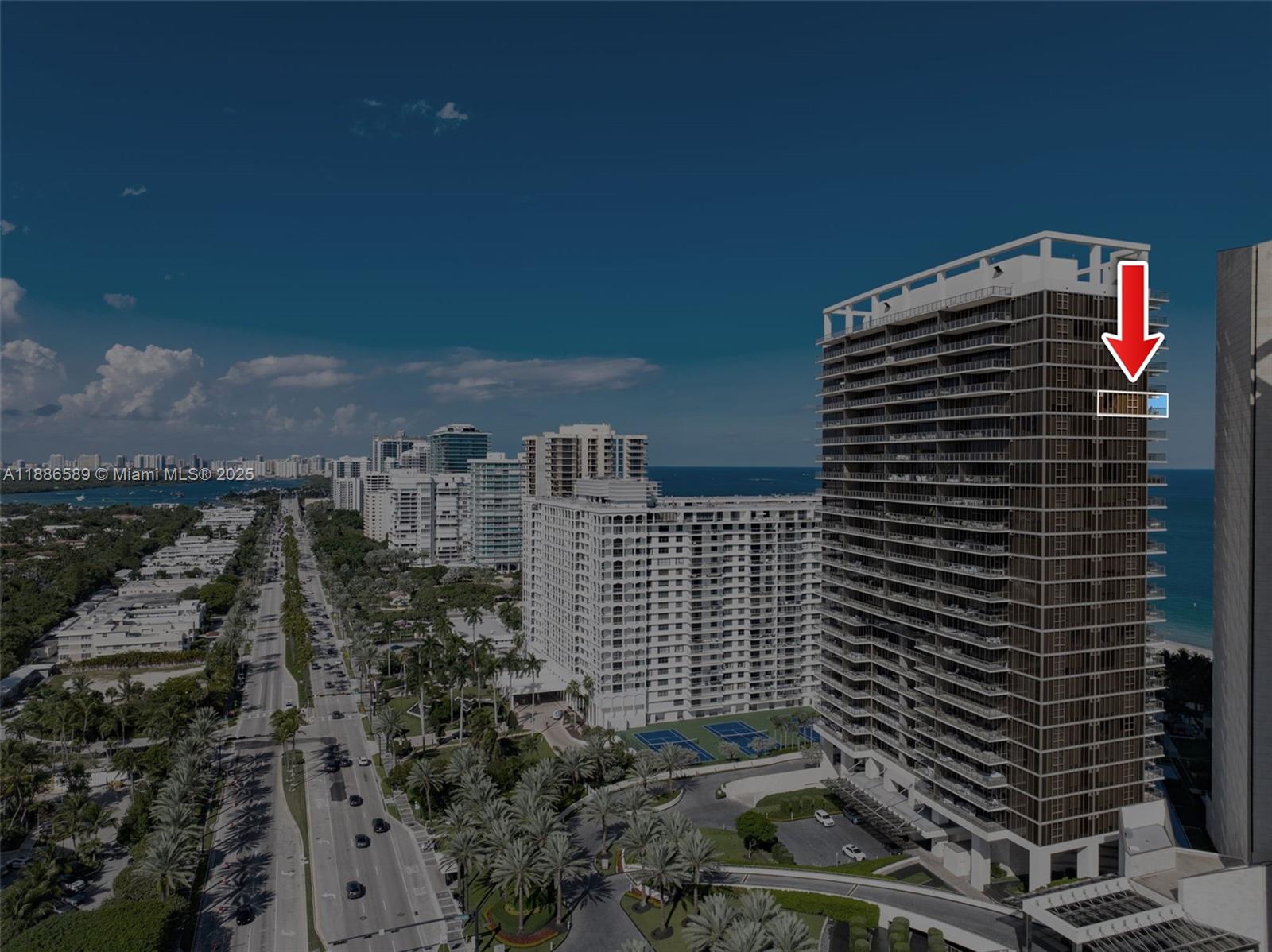 An aerial view shows a high-rise residential building with a red arrow indicating a unit — 9705 Collins Ave # 2304N, Bal Harbour FL 33154, BAL HARBOUR, FL