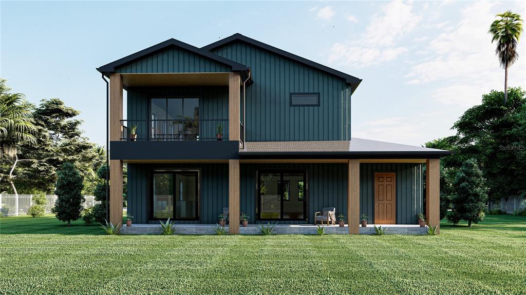 This is a digital rendering of a two-story modern house with dark vertical siding — 110 W HIAWATHA STREET, TAMPA, FL