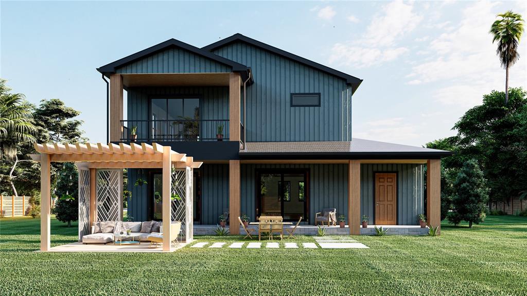 This is a rendering of the exterior of a two-story house with a wooden pergola — 110 W HIAWATHA STREET, TAMPA, FL