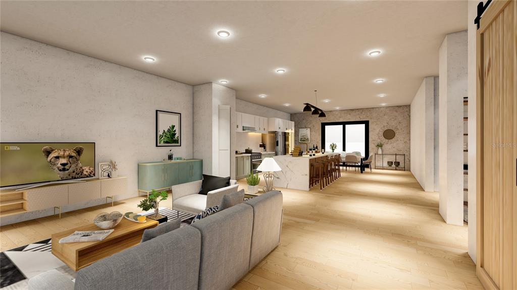 This rendering shows an open-concept living room and kitchen with light wood flooring — 110 W HIAWATHA STREET, TAMPA, FL