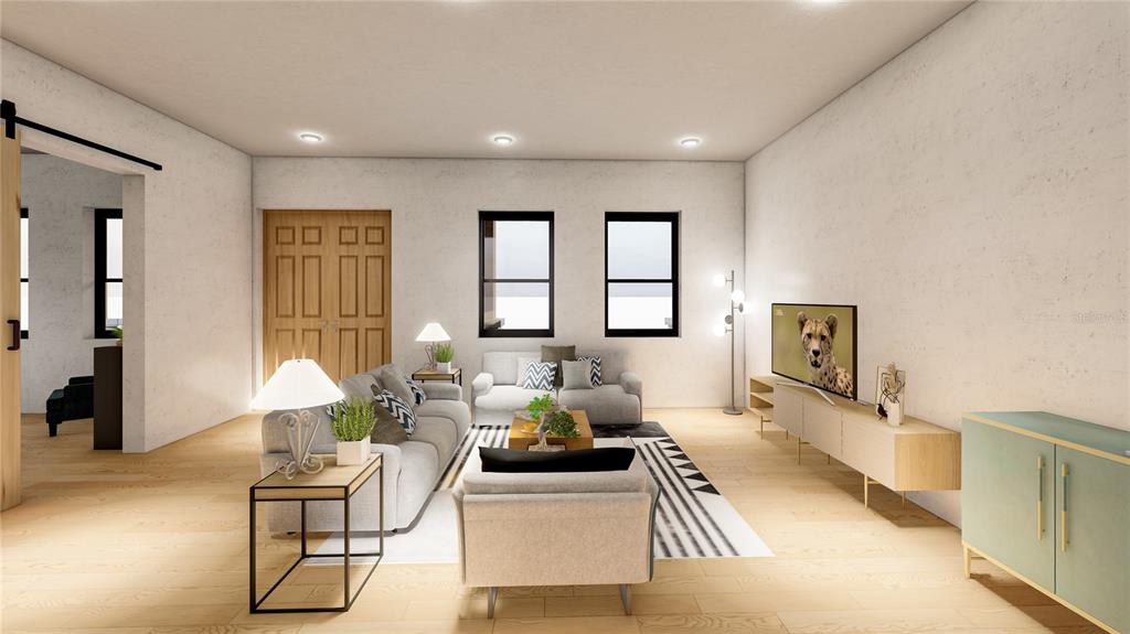 This rendering shows a modern living room with light wood floors, white walls, and furniture — 110 W HIAWATHA STREET, TAMPA, FL
