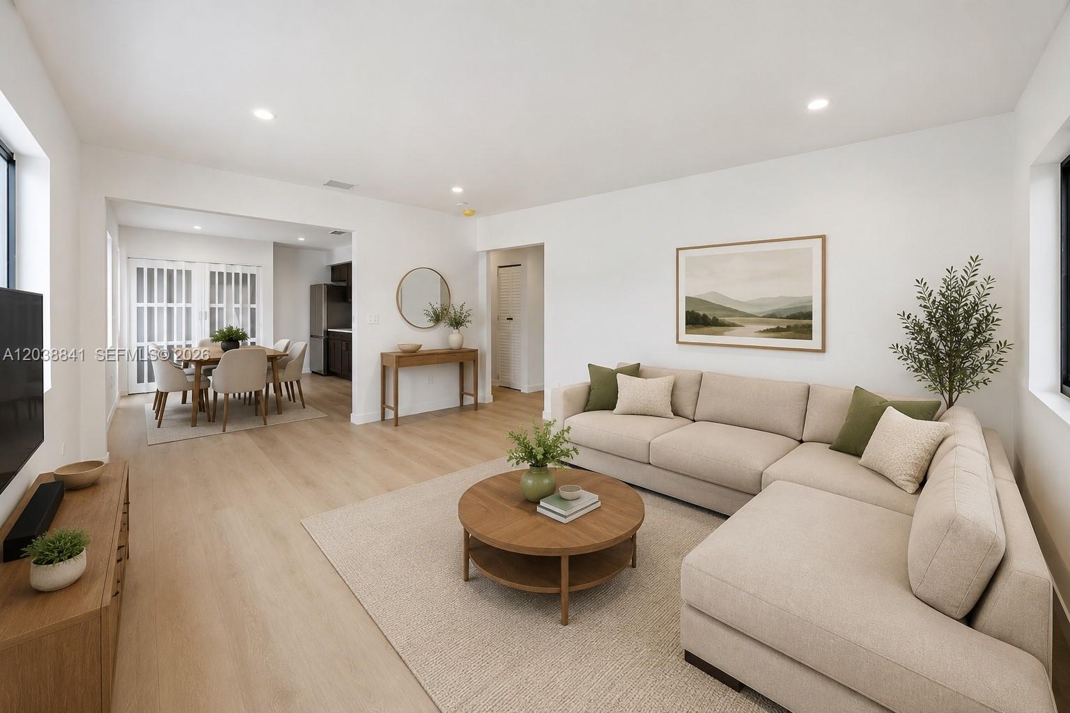 This is a digital rendering of a modern living room and dining area with light wood flooring — 1861 NW 27th St # 1, Miami FL 33142, MIAMI, FL