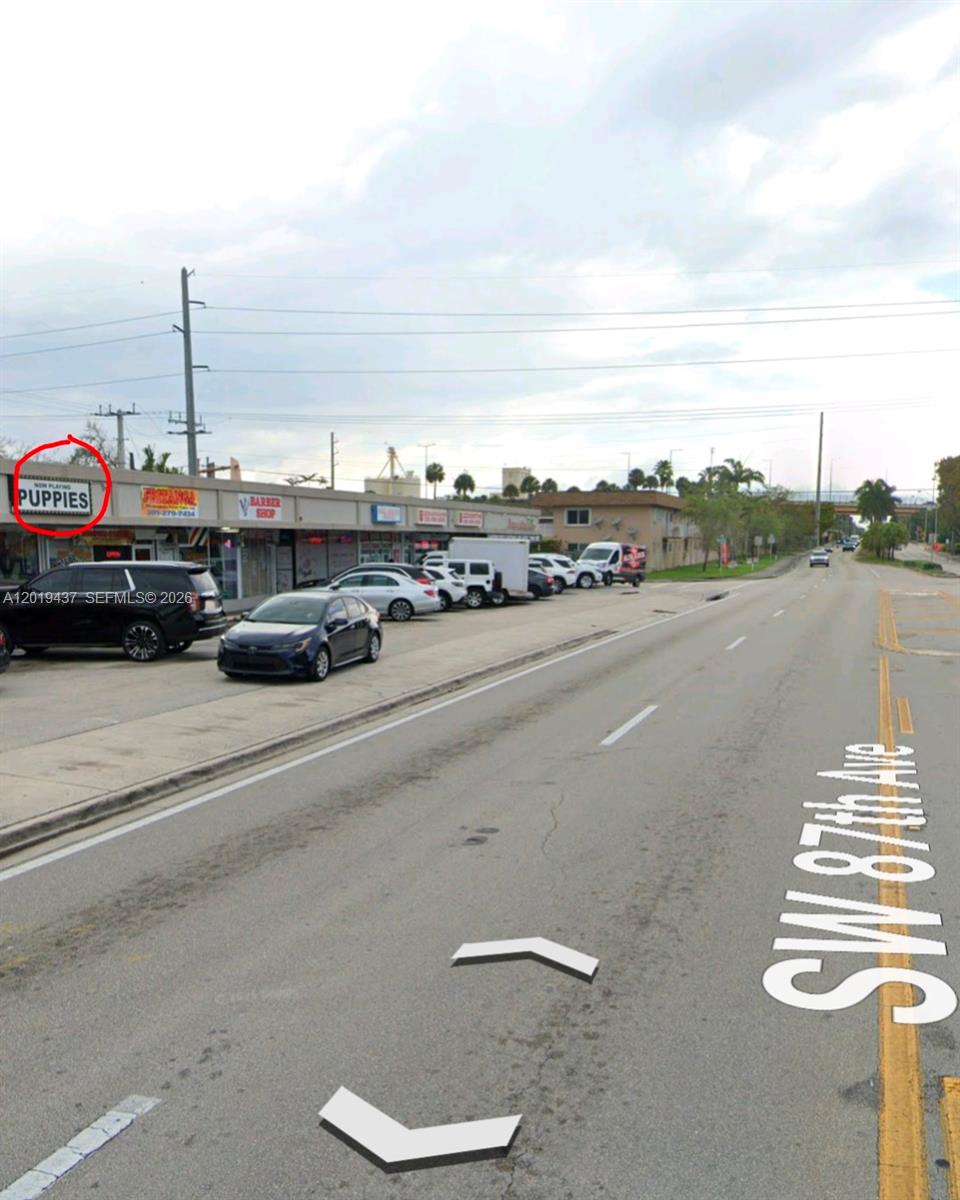 A street-level view shows a commercial strip mall with a store advertising puppies — 7014 SW 87 ave, Miami FL 33173, MIAMI, FL