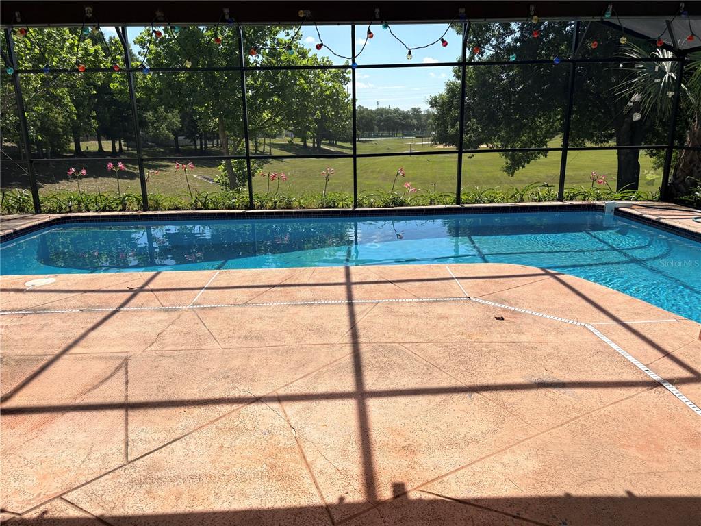 A screened-in patio features a swimming pool overlooking a grassy field with trees — 1105 INDIAN RIDGE TRAIL E, KISSIMMEE, FL