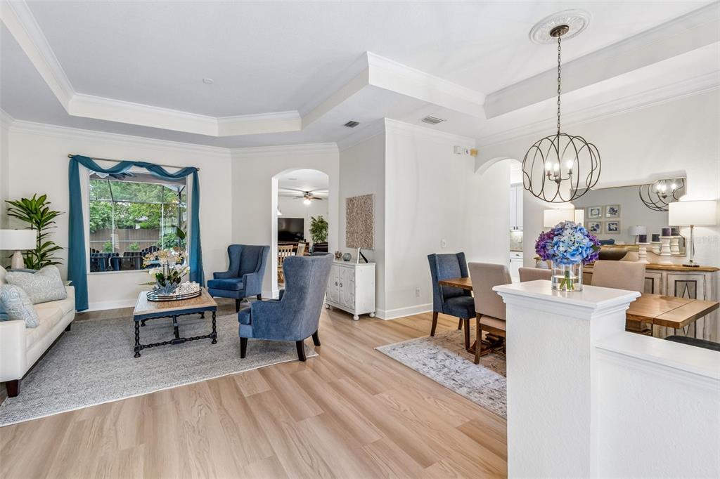 An open-concept living and dining area features light wood flooring, tray ceilings, and blue accents — 3825 MISTY LANDING DRIVE, VALRICO, FL
