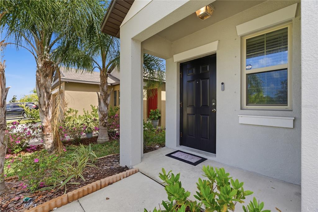 A covered front porch features a black door, a window, and landscaping with palm trees — 861 OLIVE CONCH STREET, RUSKIN, FL