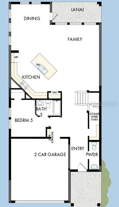 This is a floor plan of a home's first level featuring a garage, kitchen, and family room — 600 ALLORA AVENUE, NOKOMIS, FL