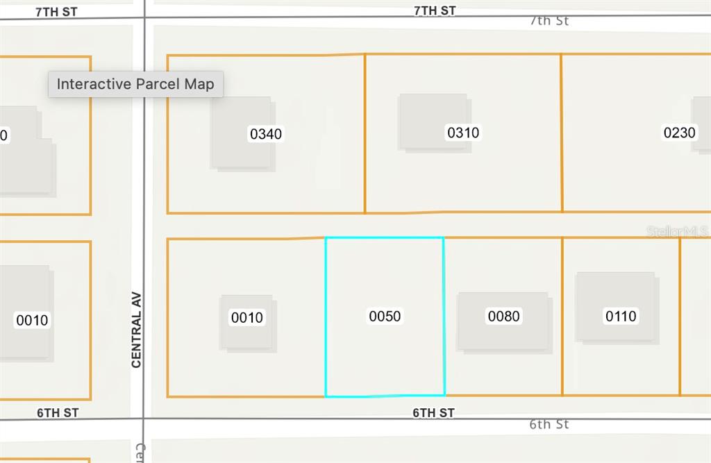 This is an interactive parcel map showing property lot boundaries between 6th and 7th Streets — 1285 6TH STREET, ORANGE CITY, FL