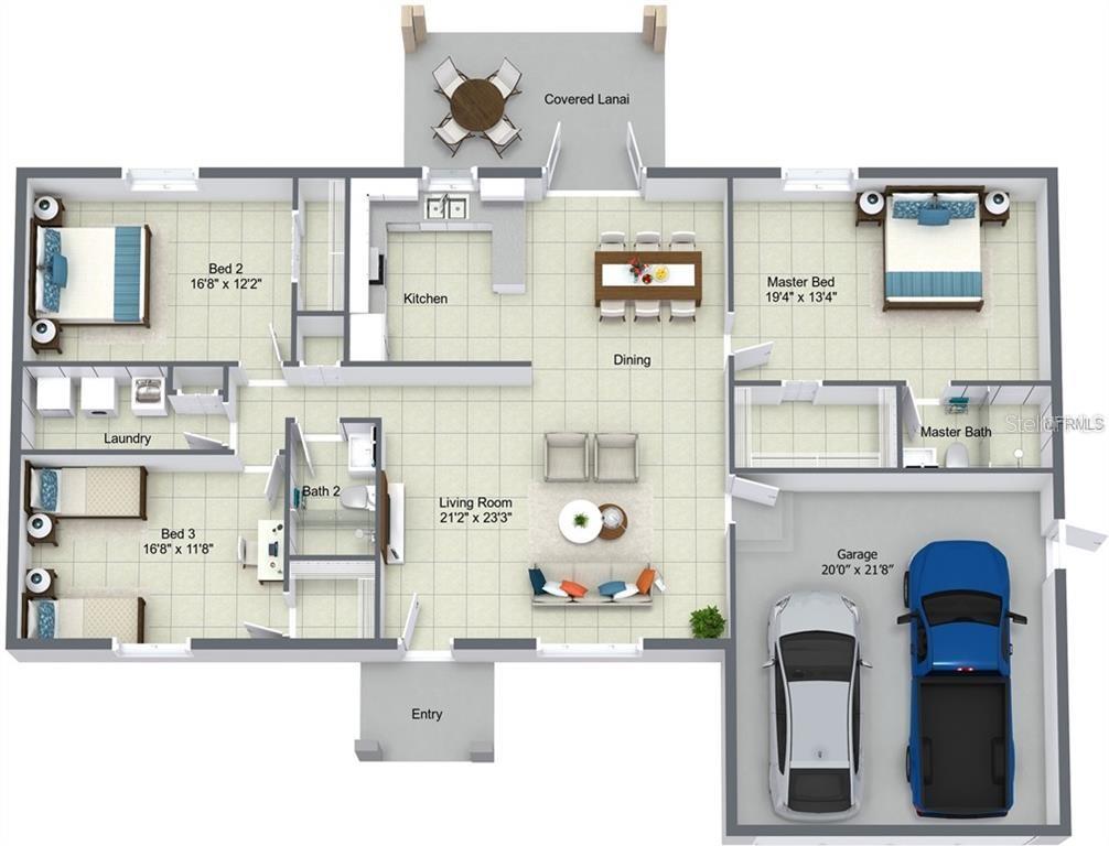 This is a 3D floor plan of a house featuring three bedrooms, a garage, and a lanai — 12107 BROOKSIDE AVENUE, PORT CHARLOTTE, FL