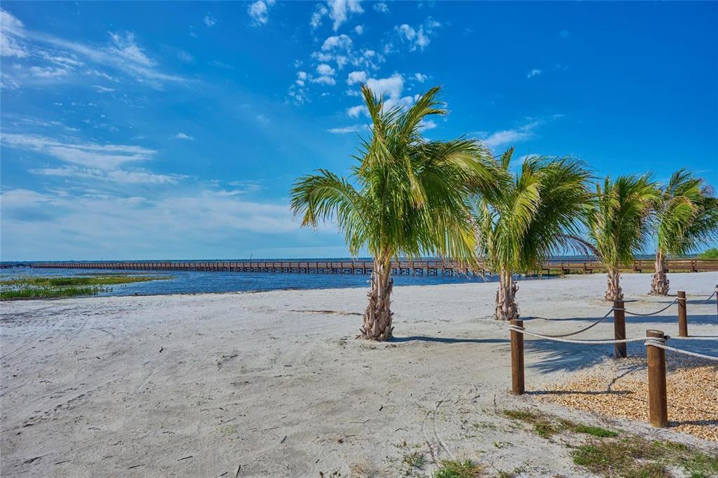 A sandy beach area features several palm trees and a long wooden pier extending offshore — 20 AVOCADO DRIVE, INDIAN LAKE ESTATES, FL