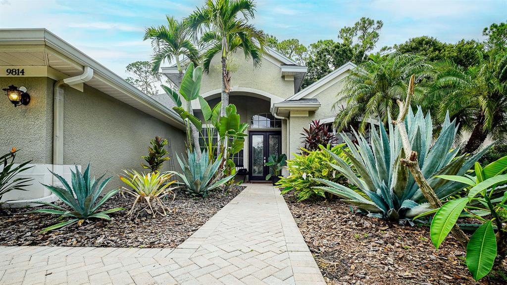 A paved walkway leads to the front entrance of a house surrounded by tropical landscaping — 9814 GRETNA GREEN DRIVE, TAMPA, FL