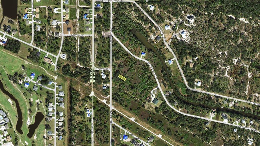 This aerial map shows a vacant lot highlighted in yellow within a residential neighborhood — 1278 POCO TERRACE, PUNTA GORDA, FL