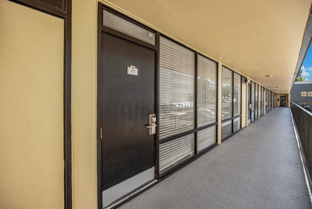 An exterior walkway leads to a black door labeled 217 with adjacent floor-to-ceiling windows — 151 E WASHINGTON STREET UNIT 217, ORLANDO, FL