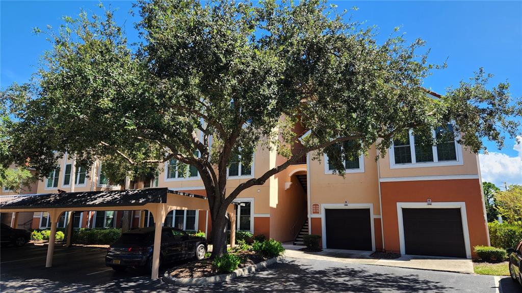 A multi-story apartment building features a large tree, a covered parking area, and two garages — 4134 CENTRAL SARASOTA PARKWAY UNIT 1735, SARASOTA, FL