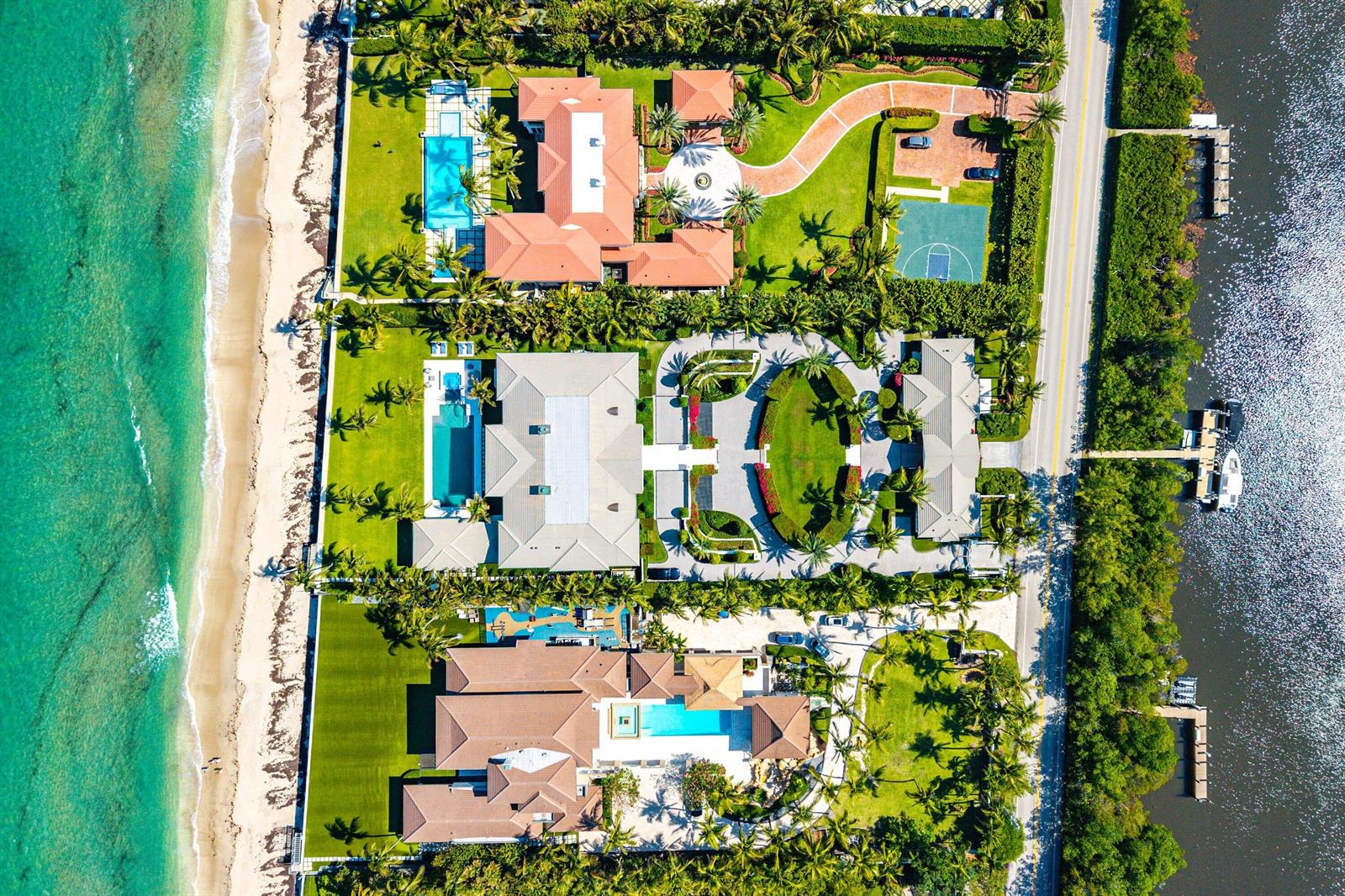 Aerial view of three luxury beachfront estates with swimming pools and private docks — 640 S Ocean Boulevard, Manalapan FL 33462, MANALAPAN, FL