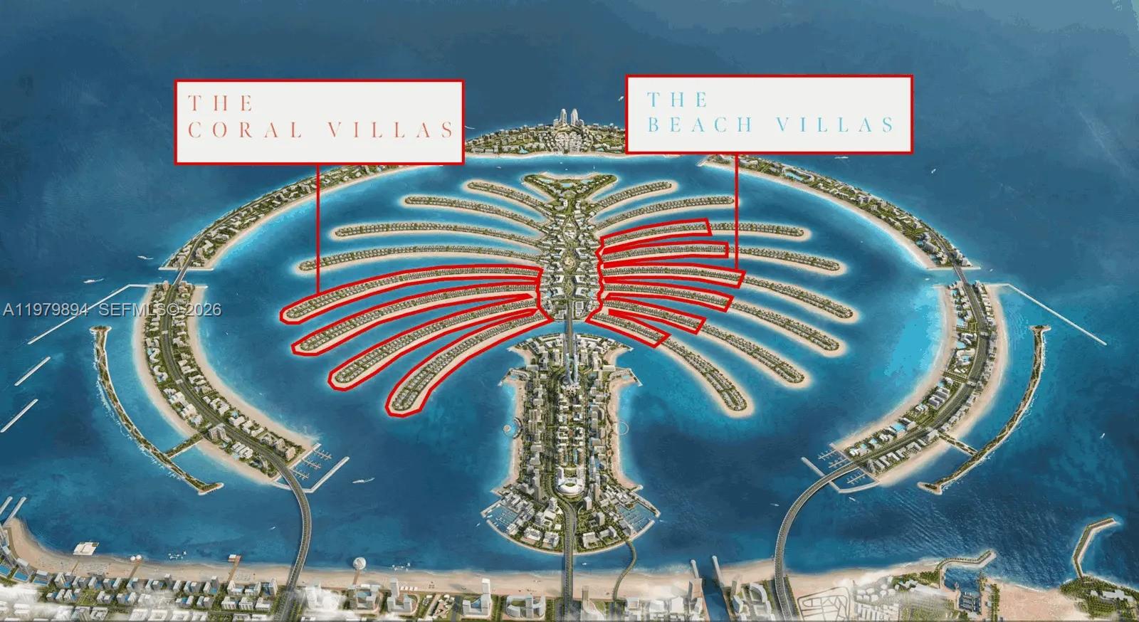 An aerial rendering shows the Palm Jumeirah island with specific villa sections highlighted in red — 501 Palm Jebel Ali Access Road, Dubai, FL