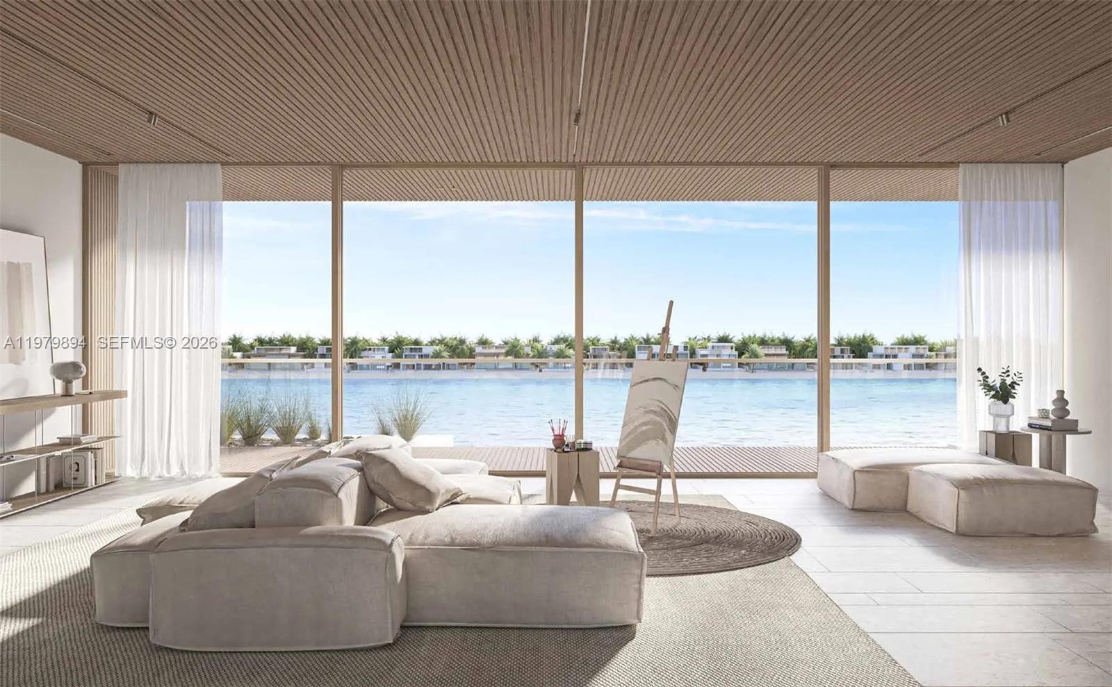This rendering shows a modern living room with floor-to-ceiling windows overlooking a waterfront — 501 Palm Jebel Ali Access Road, Dubai, FL