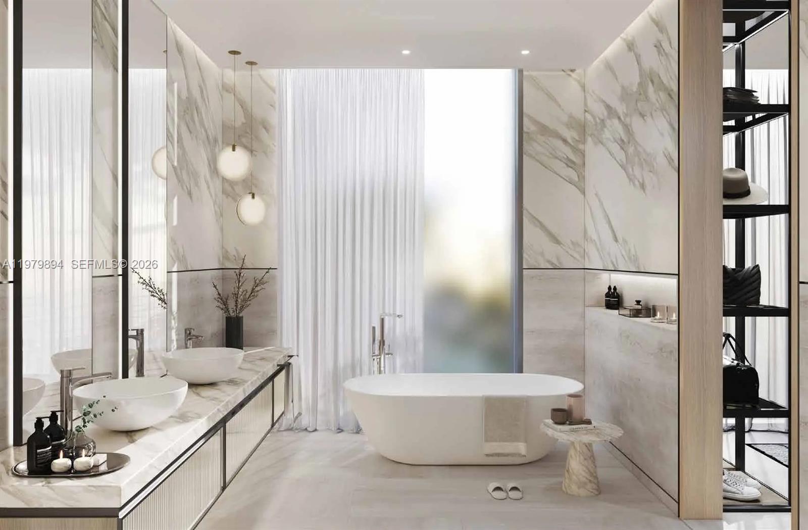 This rendering shows a modern bathroom with a double vanity, soaking tub, and marble walls — 501 Palm Jebel Ali Access Road, Dubai, FL