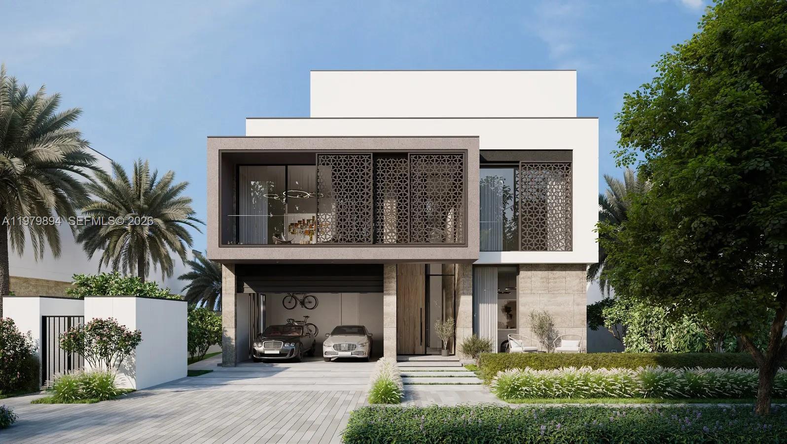 This architectural rendering shows the exterior of a modern two-story house with a two-car garage — 501 Palm Jebel Ali Access Road, Dubai, FL