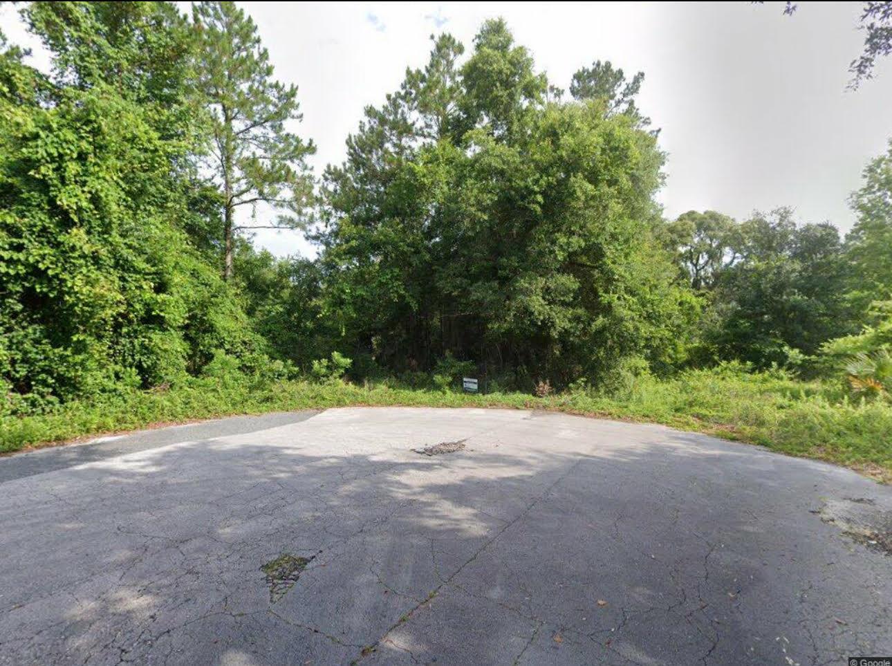 A paved cul-de-sac ends at a dense, wooded lot with overgrown vegetation — 102 SW Green Acres Way, FL 32024, FL