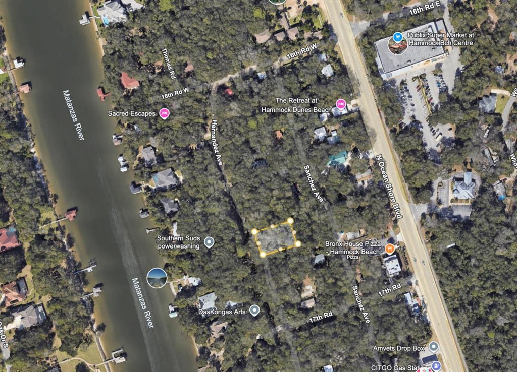 This is an aerial map showing a vacant lot highlighted in yellow near the Matanzas River — 111 HERNANDEZ AVENUE, PALM COAST, FL