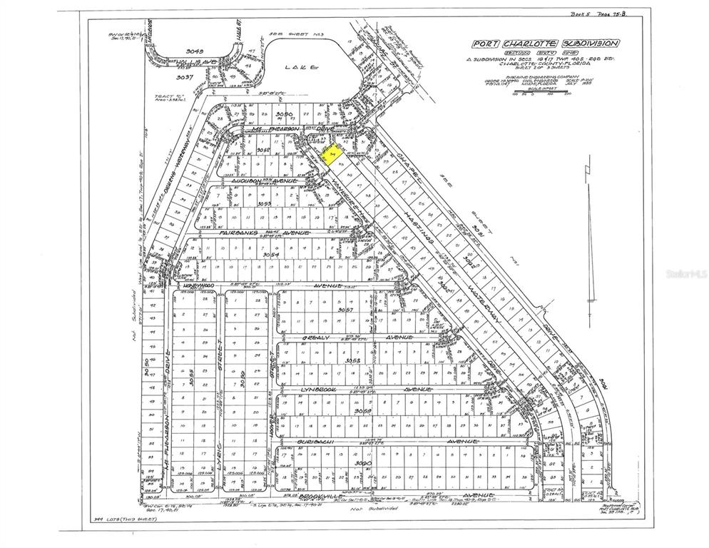 This is a subdivision plat map showing property lots, streets, and waterways in Port Charlotte — 2336 VANKEUREN DRIVE, PORT CHARLOTTE, FL