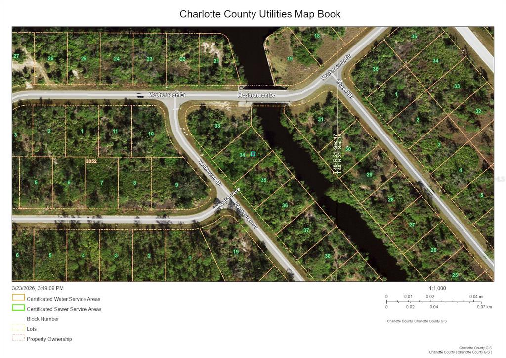 This is a map showing property lots and utility service areas along several streets — 2336 VANKEUREN DRIVE, PORT CHARLOTTE, FL