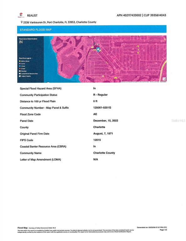 This is a standard flood map showing the property location within a designated flood zone — 2336 VANKEUREN DRIVE, PORT CHARLOTTE, FL
