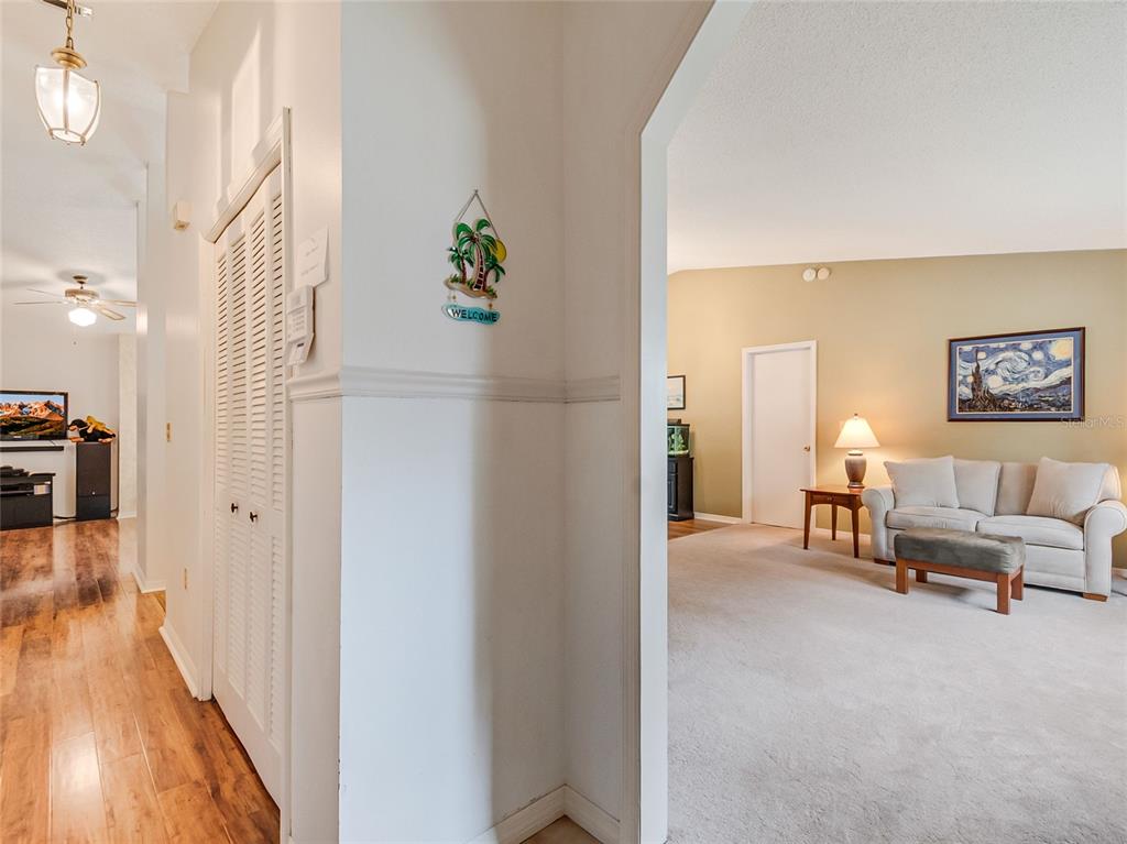A view from a hallway with wood flooring into a carpeted living room — 1321 WOOD LAKE CIRCLE, ST CLOUD, FL