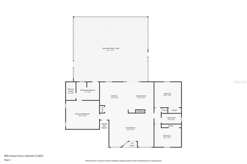 This is a floor plan of a single-story house featuring a large screened patio — 3905 LEMON TREE CT, LAKELAND, FL