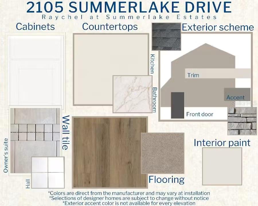 This design board displays material and color selections for a home's interior and exterior finishes — 2105 SUMMERLAKE DRIVE, AUBURNDALE, FL