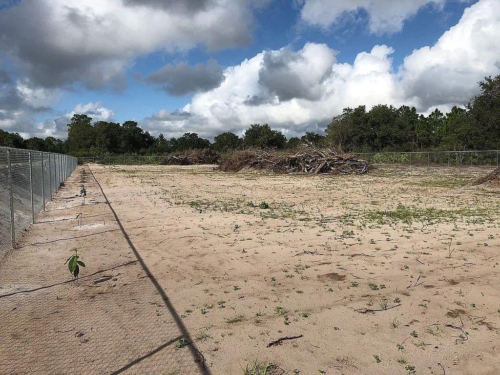 A fenced, cleared sandy lot features small saplings and piles of brush under a cloudy sky — 580 S JASMINE STREET, CLEWISTON, FL