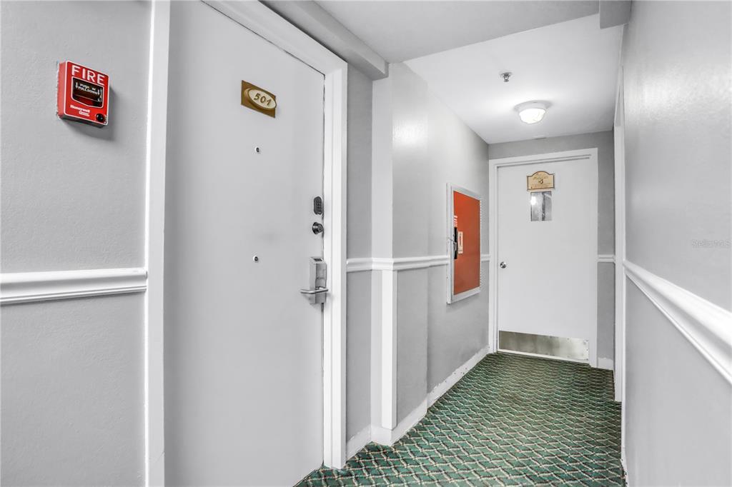 A hallway features two white doors, a fire alarm pull station, and patterned green carpeting — 1909 S ATLANTIC AVENUE UNIT 501, DAYTONA BEACH, FL