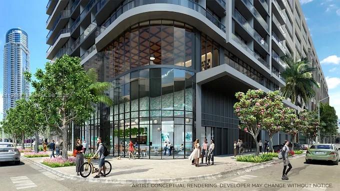 This is an architectural rendering of a modern apartment building exterior with street-level retail space — 121 NE 5th ST # 912A, Miami FL 33132, MIAMI, FL