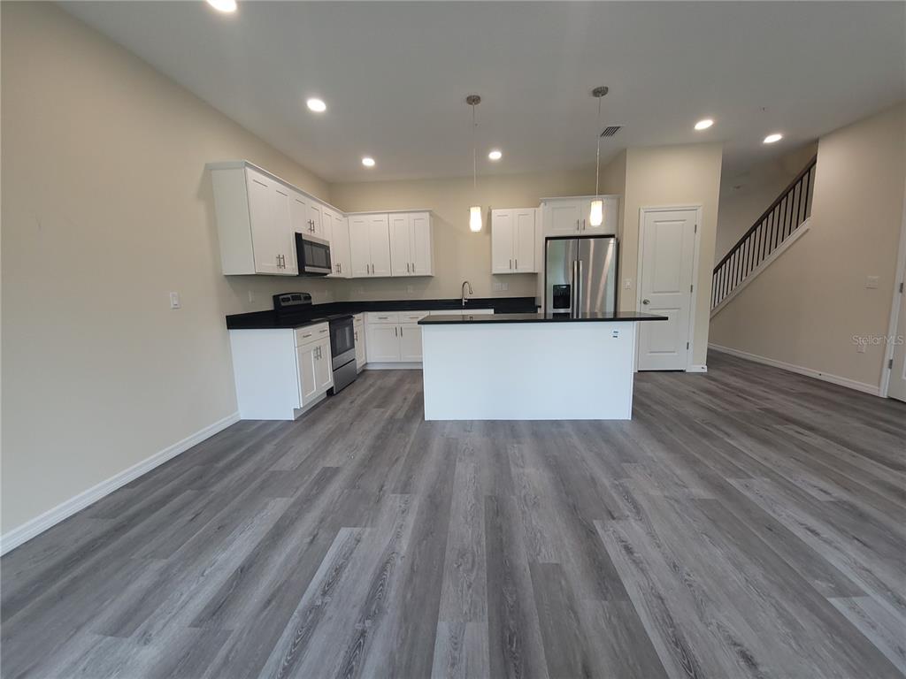A kitchen with white cabinets, black countertops, stainless steel appliances, and gray wood-look flooring — 4351 CAMBIO GARDENS COURT, TAMPA, FL