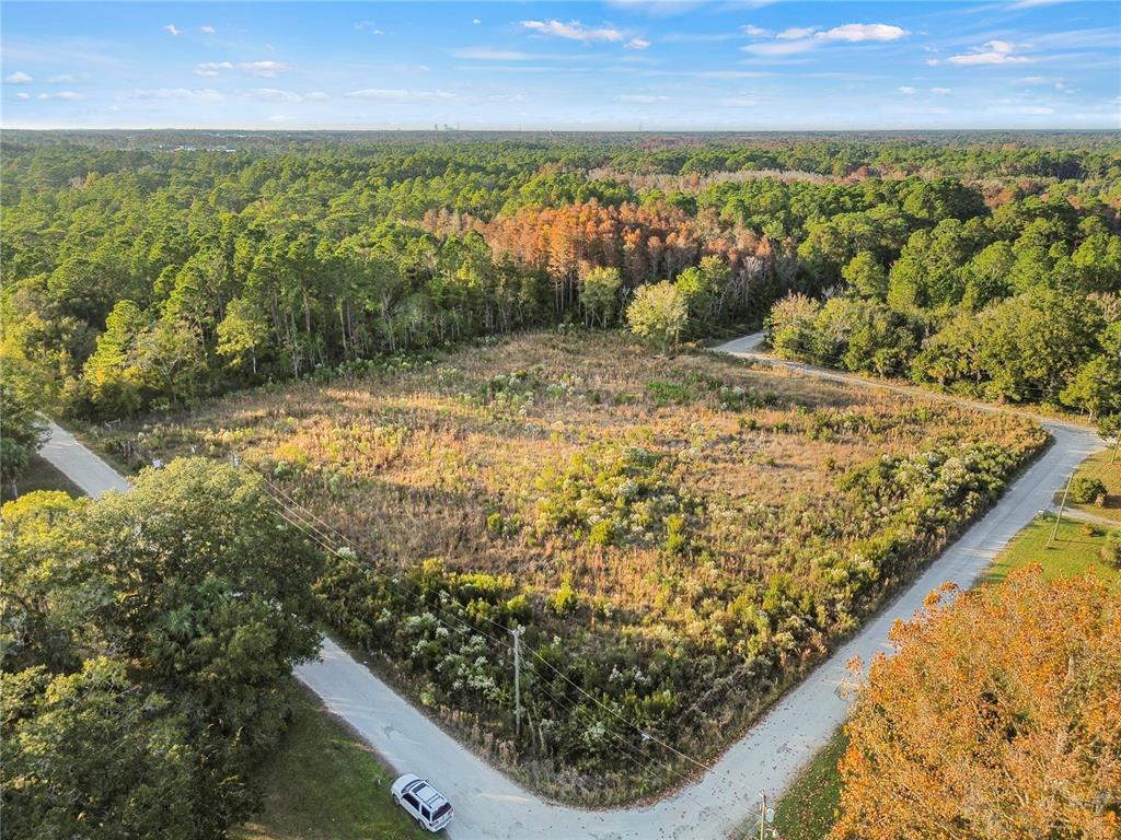 An aerial view shows a vacant, grassy corner lot bordered by two roads and trees — 1146 N JORIE TERRACE, CRYSTAL RIVER, FL