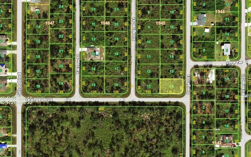 This is a satellite map showing residential lots and streets in a suburban neighborhood — 3527 DWIGHT STREET, PORT CHARLOTTE, FL