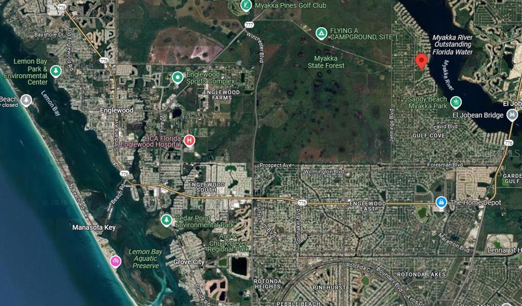This is a satellite map showing the Englewood, Florida area with various landmarks and locations marked — 3527 DWIGHT STREET, PORT CHARLOTTE, FL