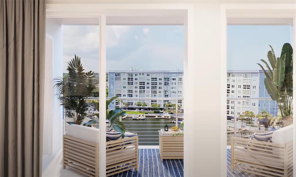 This rendering shows a balcony with outdoor seating overlooking a marina and a large building — 5015 US HIGHWAY 19 UNIT 501, NEW PORT RICHEY, FL