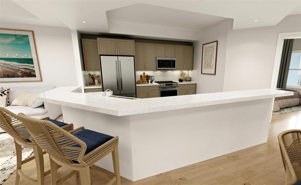This is a digital rendering of a kitchen featuring light wood cabinets and a breakfast bar — 5015 US HIGHWAY 19 UNIT 501, NEW PORT RICHEY, FL