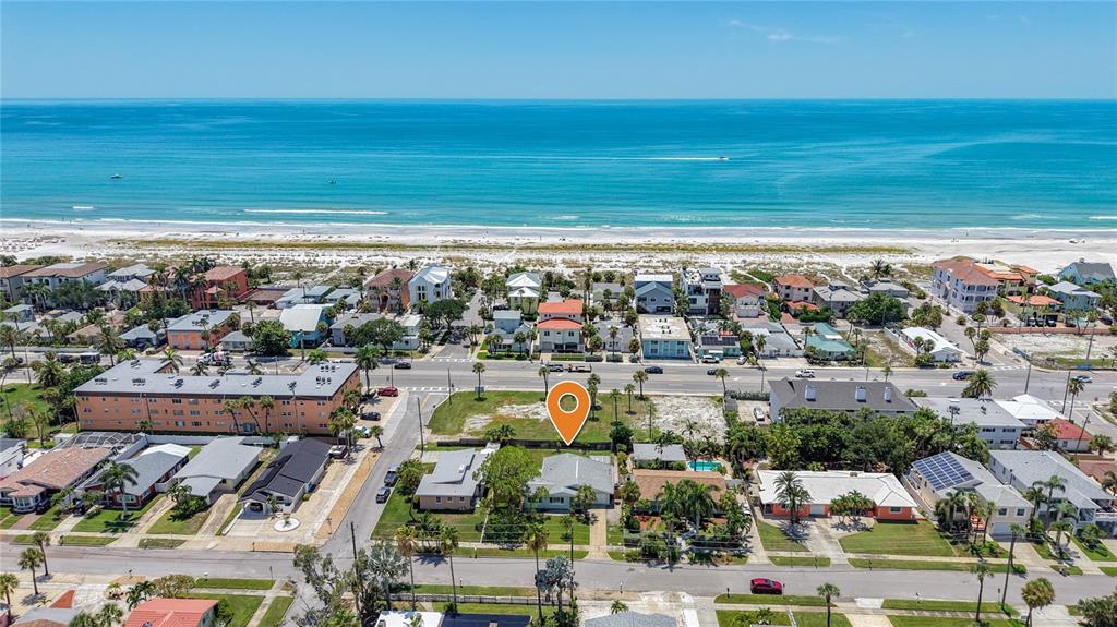 An aerial view shows a coastal neighborhood with a vacant lot marked by a location pin — 3602 CASABLANCA AVENUE, ST PETE BEACH, FL