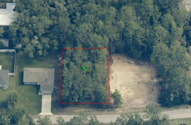 An aerial view shows a rectangular, wooded vacant lot outlined in red next to a house — 1837 W WATER LILY DRIVE, CITRUS SPRINGS, FL