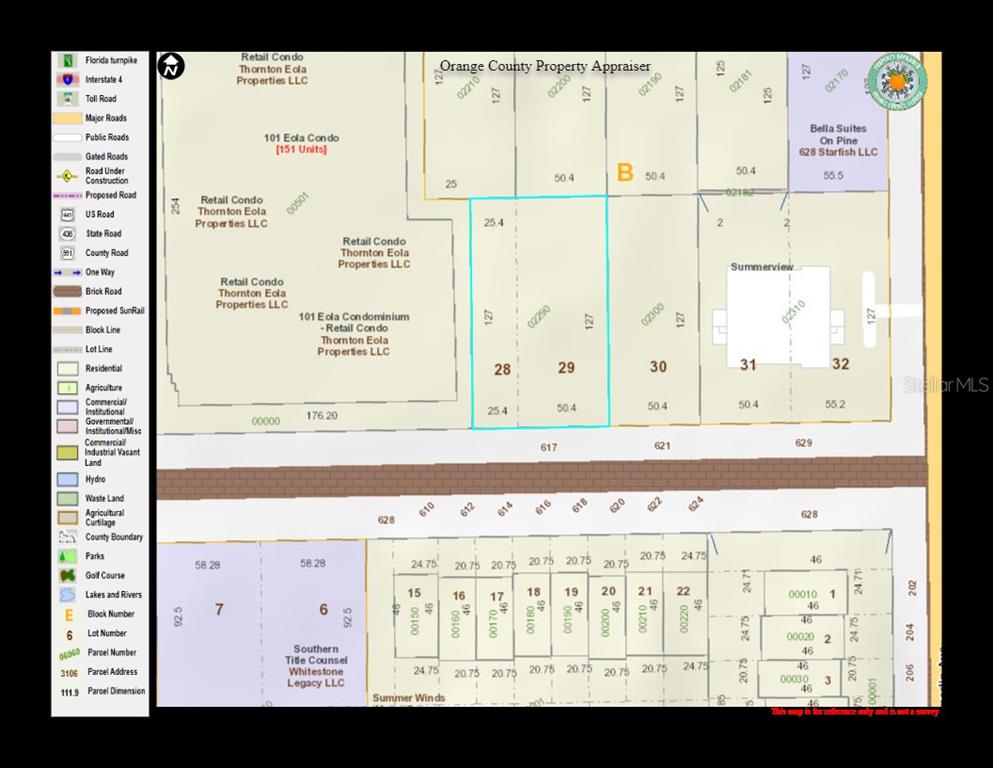 This image is a property tax map showing lot lines, parcel numbers, and dimensions — 617 E CHURCH STREET, ORLANDO, FL