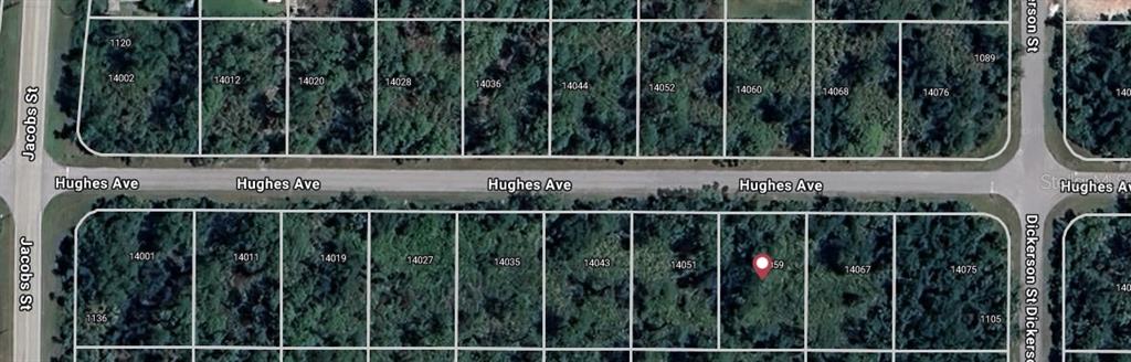 This is an aerial map showing a residential street with multiple vacant lots — 14059 HUGHES AVENUE, PORT CHARLOTTE, FL