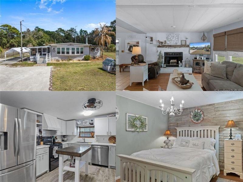 A collage showing a mobile home exterior, a living room, a kitchen, and a bedroom — 2901 S PINE RIDGE AVENUE, HOMOSASSA, FL
