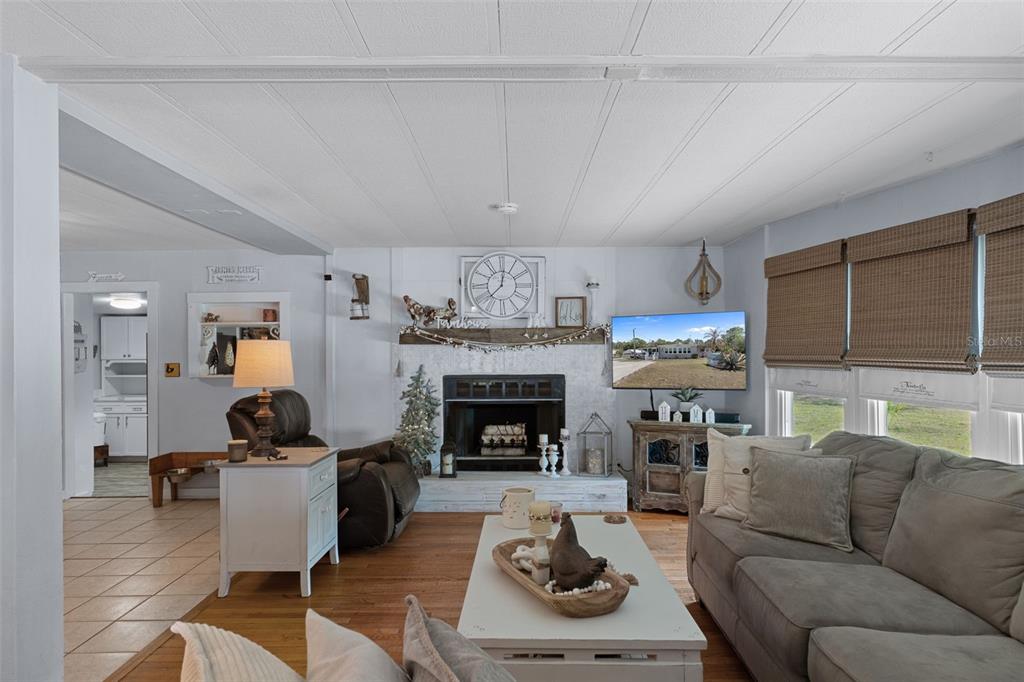A living room features a white brick fireplace, a television, and a gray sofa — 2901 S PINE RIDGE AVENUE, HOMOSASSA, FL