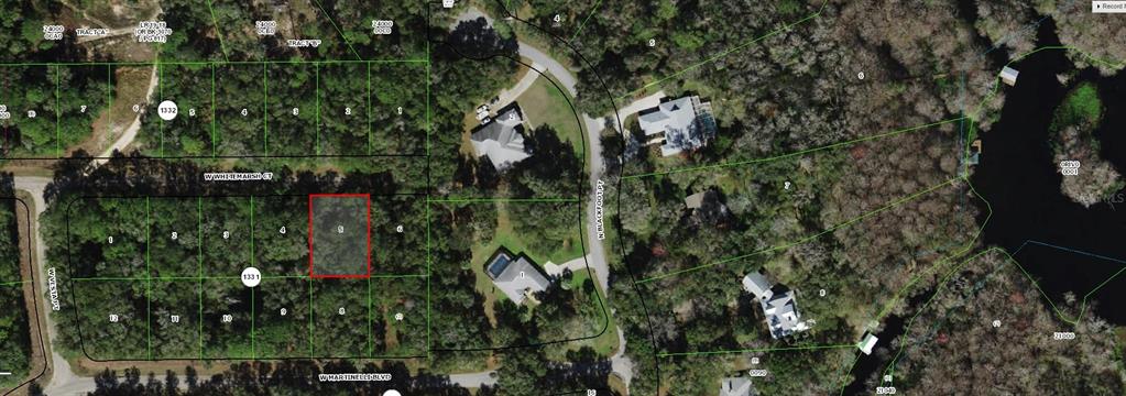 This is an aerial map showing a highlighted rectangular plot of land in a wooded area — 282 W WHITMARSH COURT, DUNNELLON, FL