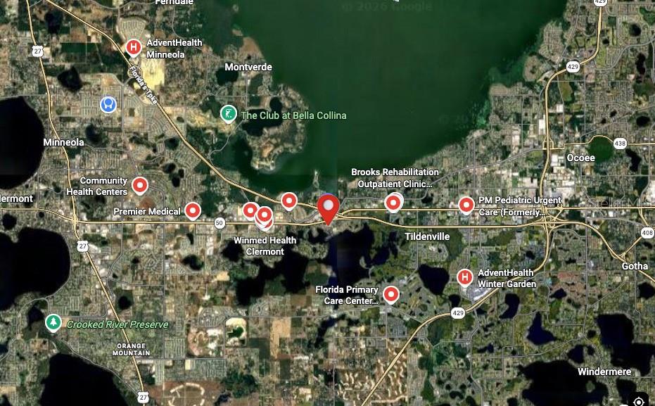 This map displays various medical facilities and landmarks in the Clermont and Winter Garden area — 124 SOUTHERN RAILWAY UNIT 12, OAKLAND, FL