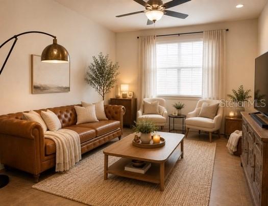 A living room features a brown leather sofa, a wooden coffee table, and two armchairs — 9999 EAGLE CREEK CENTER BOULEVARD, ORLANDO, FL